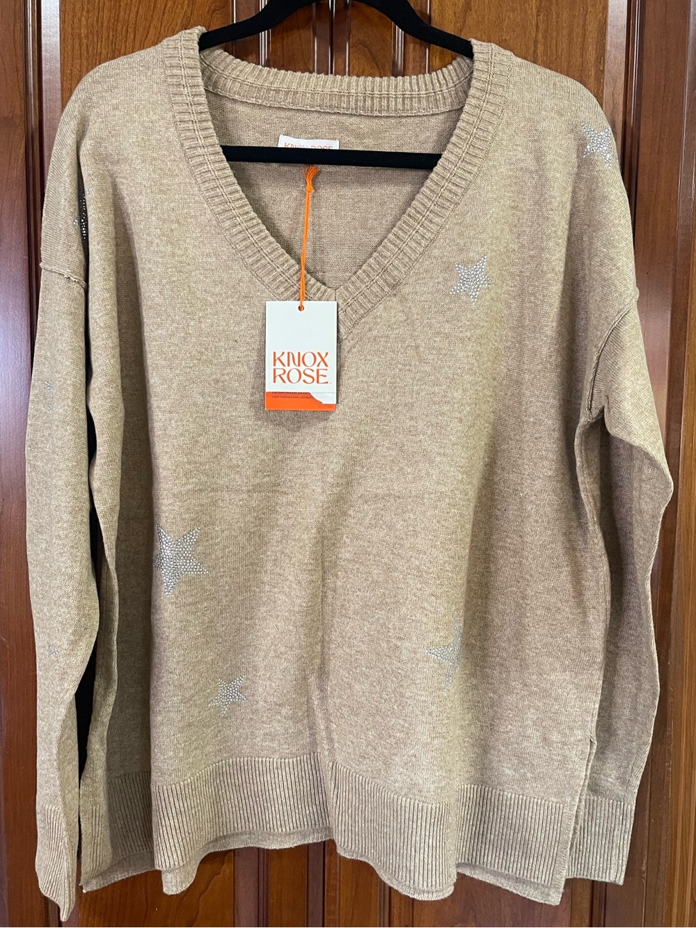 Knox Rose Women's Beige V-Neck Sweater with Sparkle Star Accents